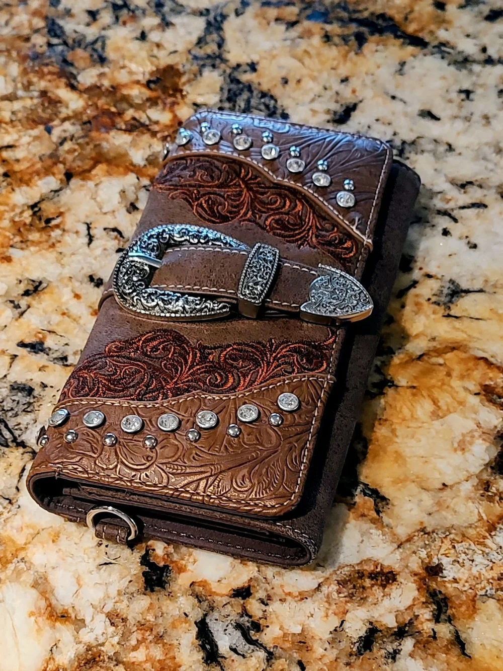 Montana West Brown Embossed Western Wallet with Silver Buckle and Rhinestones
